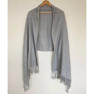 Light grey wrap scarf with pearl and tassels